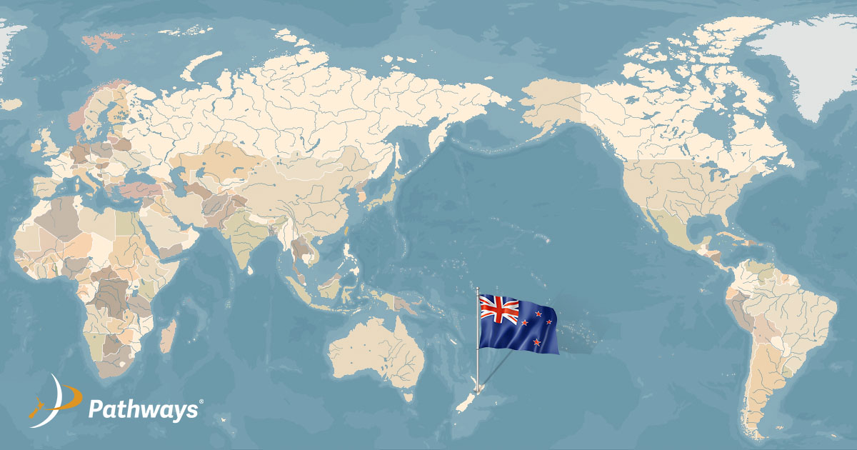World map with the New Zealand flag prominently displayed in the South Pacific region.