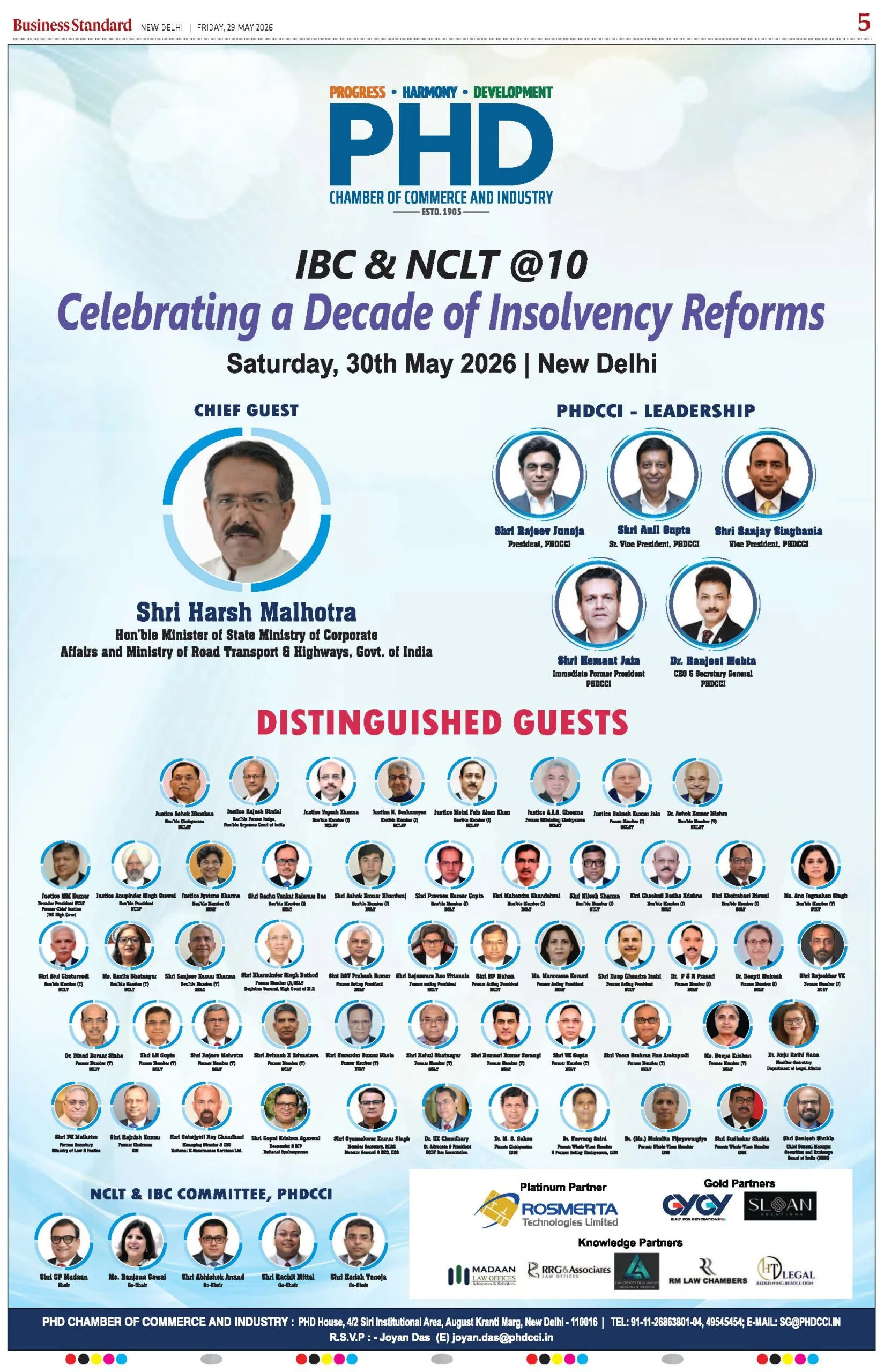 Chief guest addressing distinguished guests at PHDCI event celebrating a decade of insolvency reforms in New Delhi.