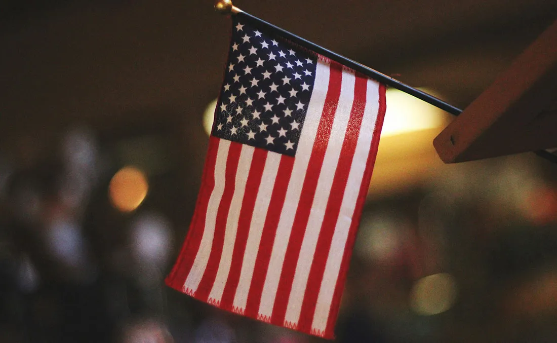 U.S. flag displayed prominently in a legal or governmental setting.