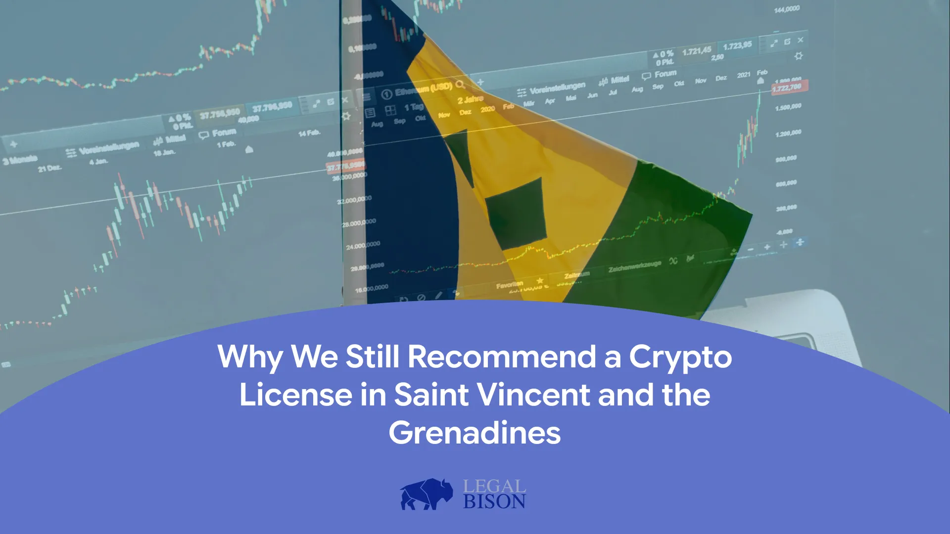 Flag of Saint Vincent and the Grenadines in foreground with cryptocurrency trading charts blurred in background.
