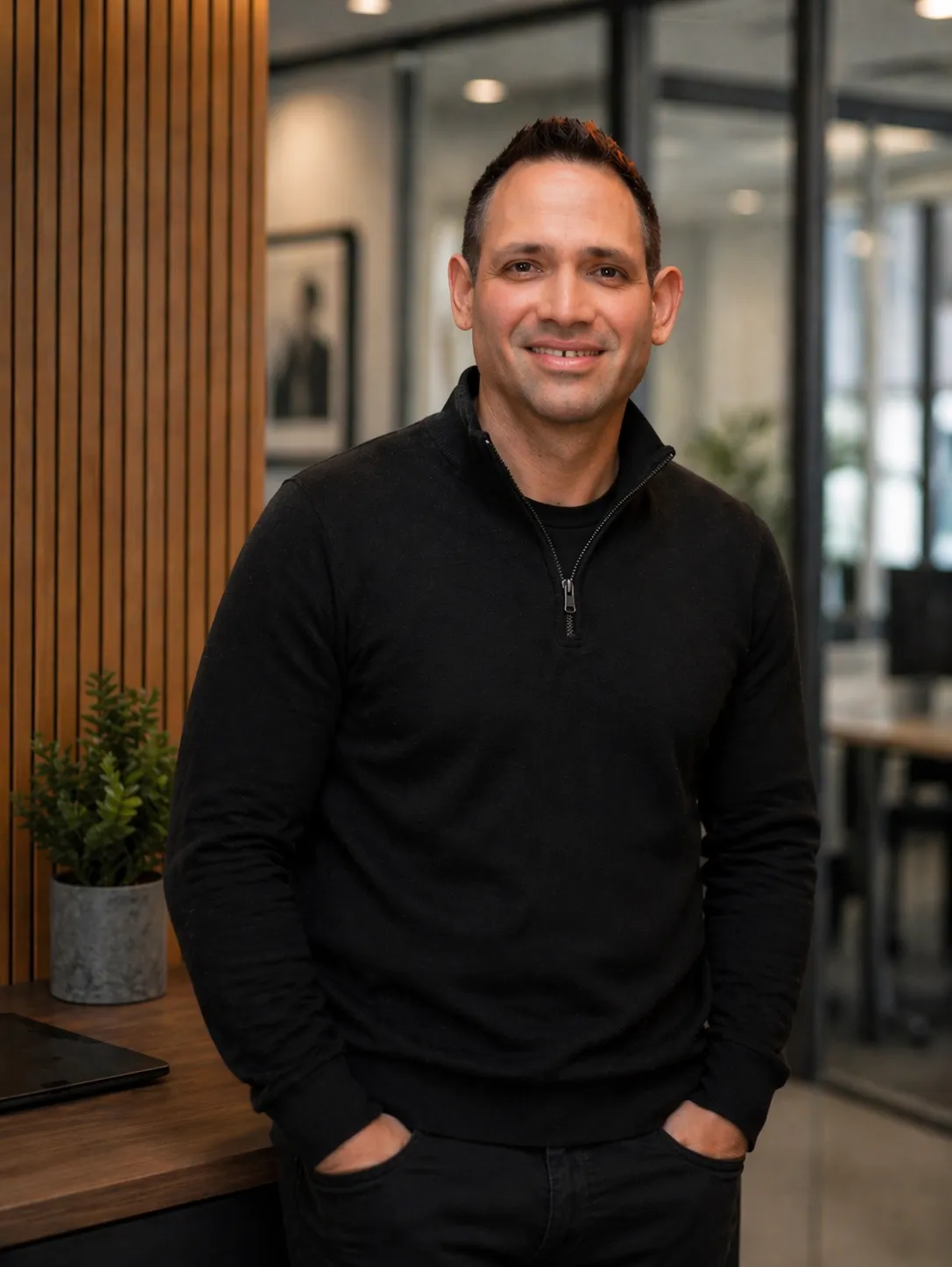 Legal professional posing confidently at a modern law office with a wooden accent wall and glass partitions in the background.