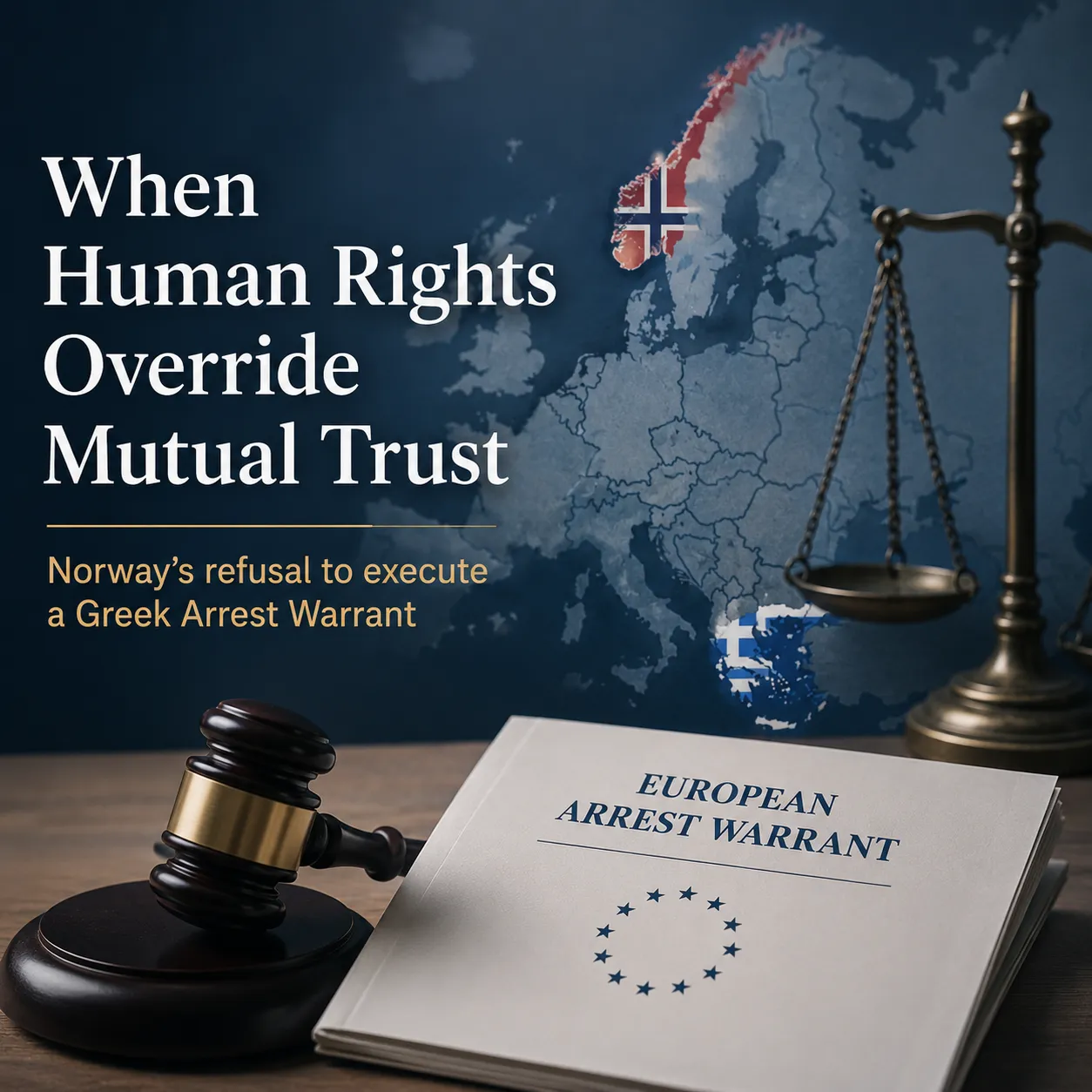 Gavel and European Arrest Warrant document on desk with map background highlighting Norway and Greece.