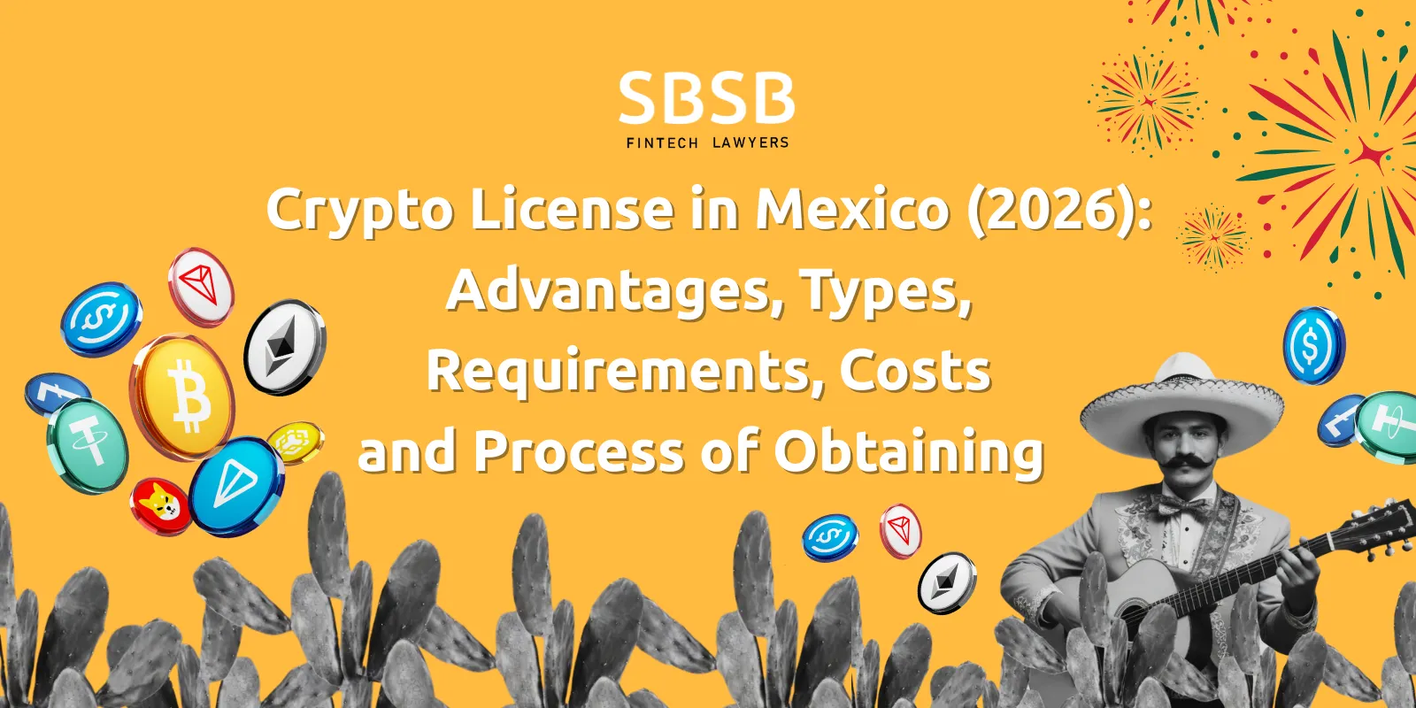 Fintech lawyers promoting cryptocurrency licensing in Mexico, surrounded by various cryptocurrency symbols.