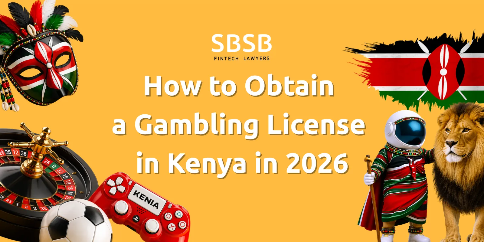Kenyan-themed graphic featuring a roulette, soccer ball, gaming controller, and cultural motifs with bold text about gambling licenses.