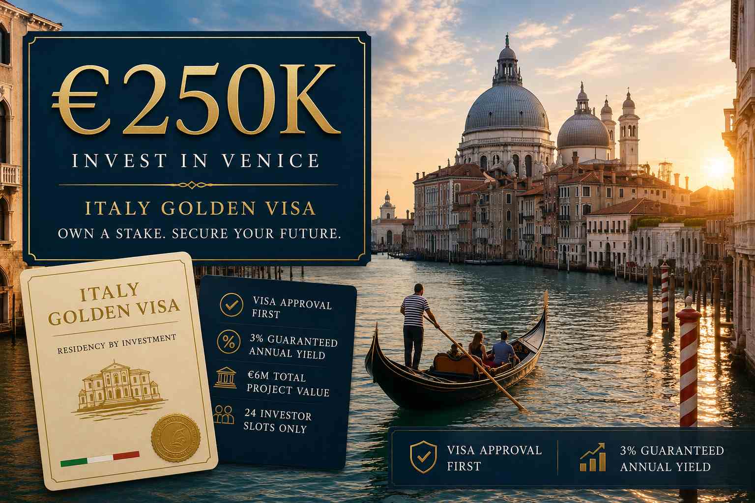 Golden visa investment advertisement featuring Venice skyline, gondola, and key investment details.