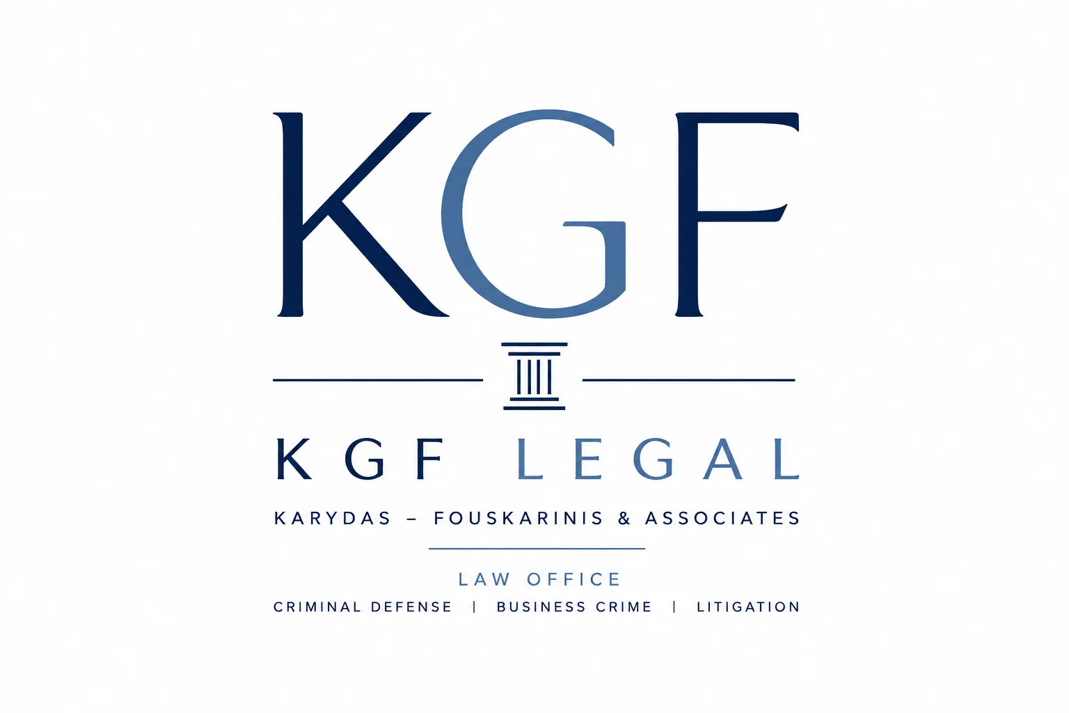 KGF Legal logo featuring "Karydas - Fouskarinis & Associates" with tags for criminal defense, business crime, and litigation.