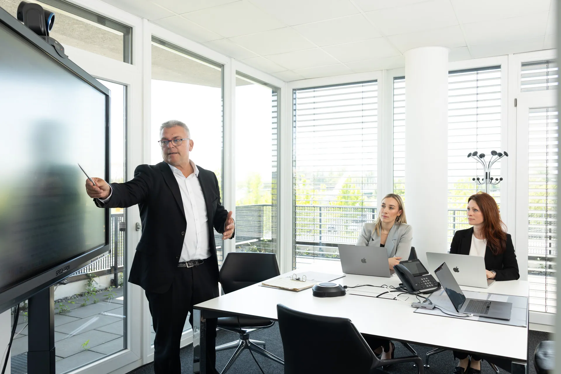 Lawyer presenting legal information to colleagues in modern office conference room.
