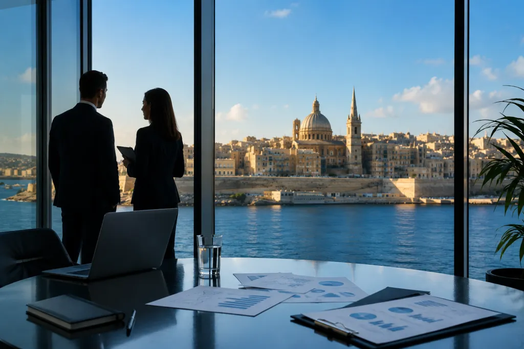 Home - Business Professionals With View Of Valletta - Global Law Experts