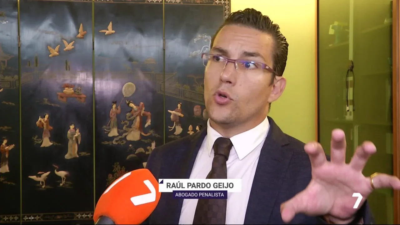 Lawyer speaking during an interview, gesturing in a legal office with decorative background.
