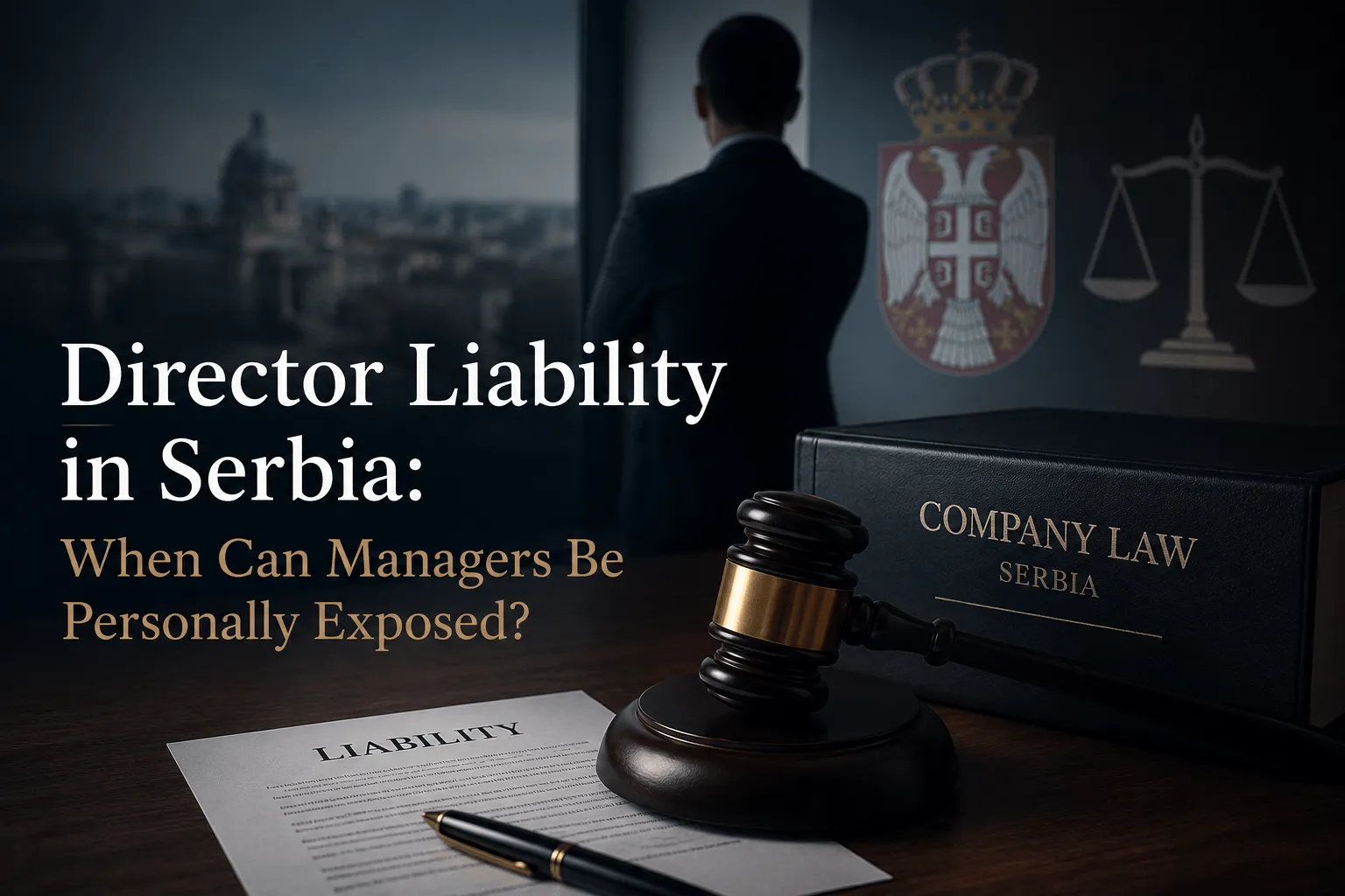 Legal document titled "LIABILITY" and gavel on desk with Serbian law book and silhouette of a man looking out a window.