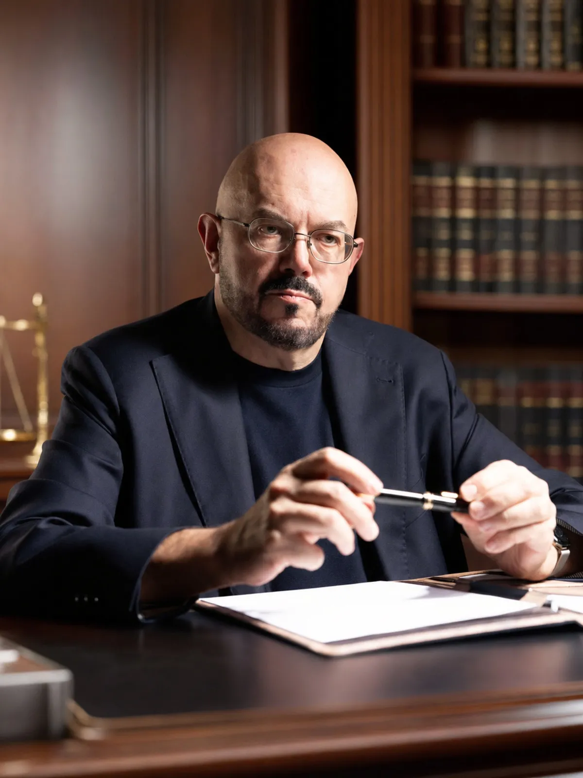 Lawyer seated at desk, holding a pen and reviewing documents in a law office with bookshelves in the background.