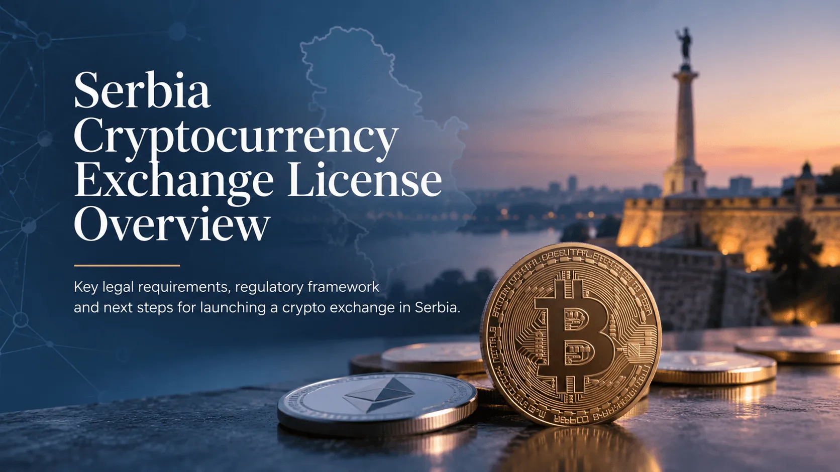 Bitcoin and Ethereum coins on a surface with a skyline and illuminated structures in the background, related to cryptocurrency regulations.