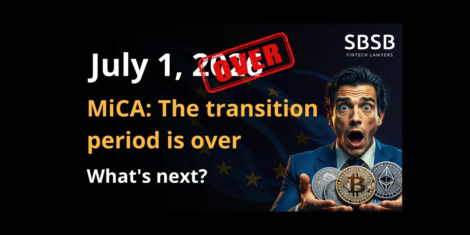 Fintech lawyer expressing surprise while holding various cryptocurrencies, with text about MiCA regulations in background.