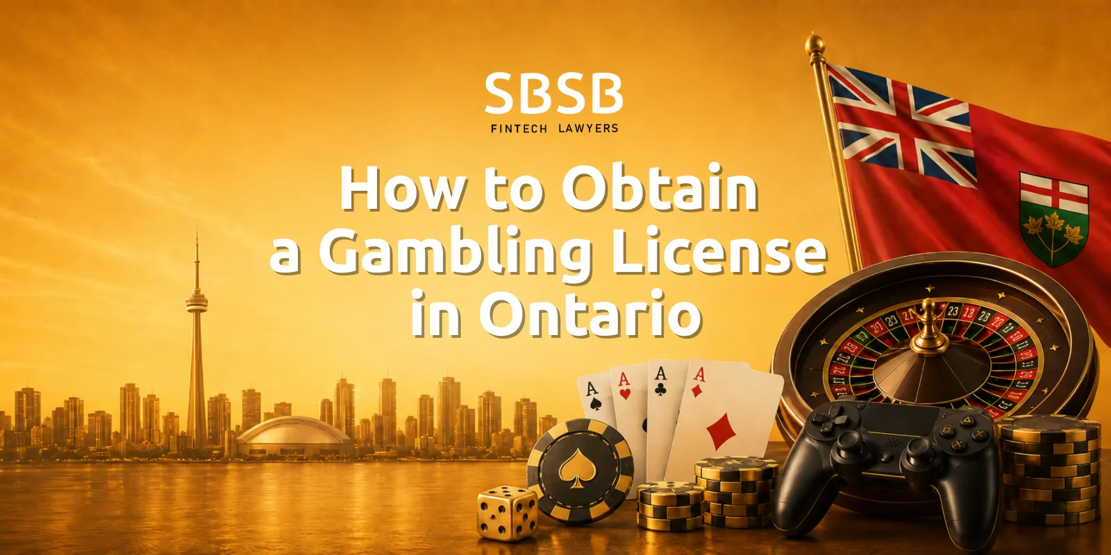 Fintech lawyers discussing gambling licensing with casino elements in a vibrant Ontario cityscape setting.