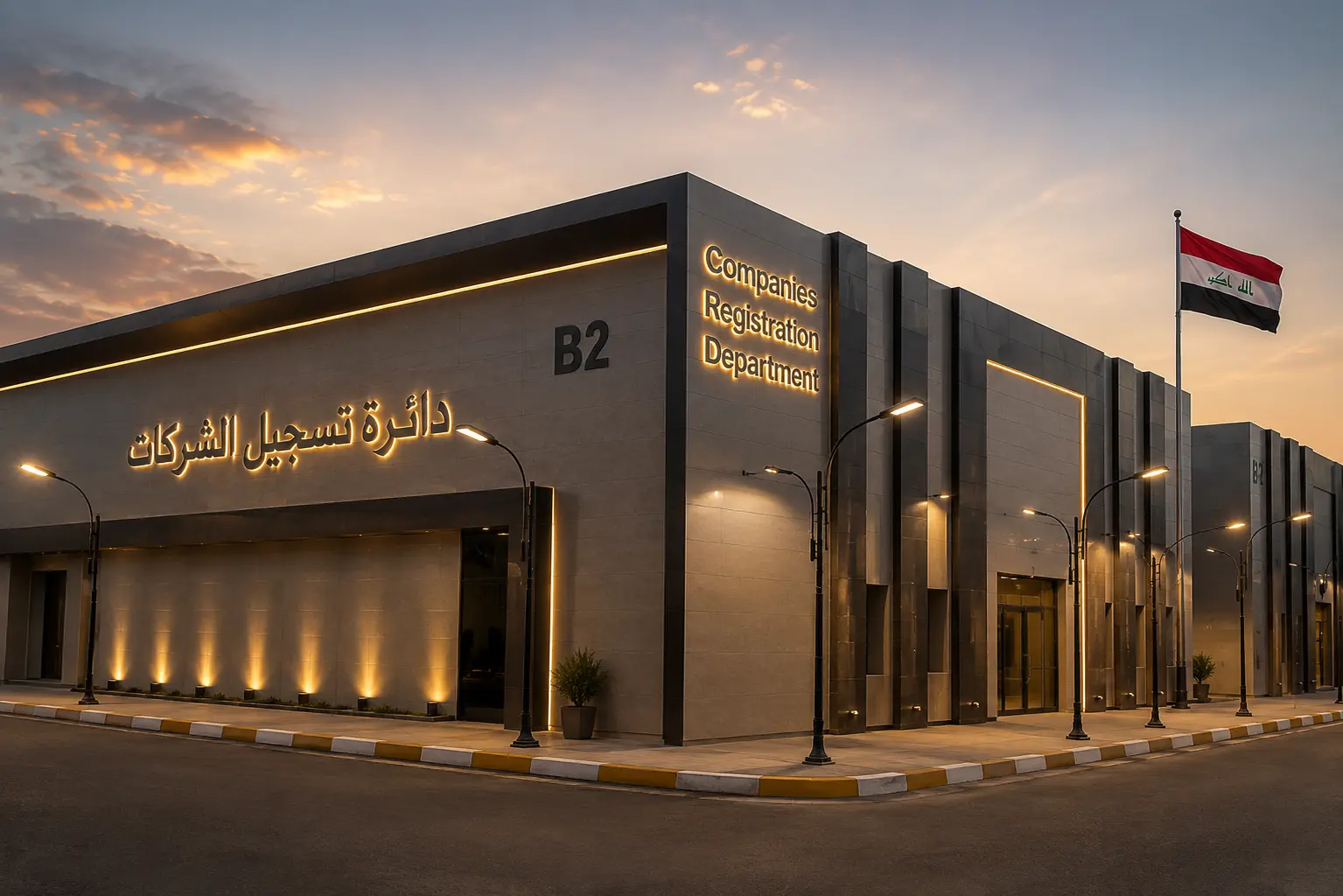 Modern government building with illuminated sign for Companies Registration Department and flag in the background.