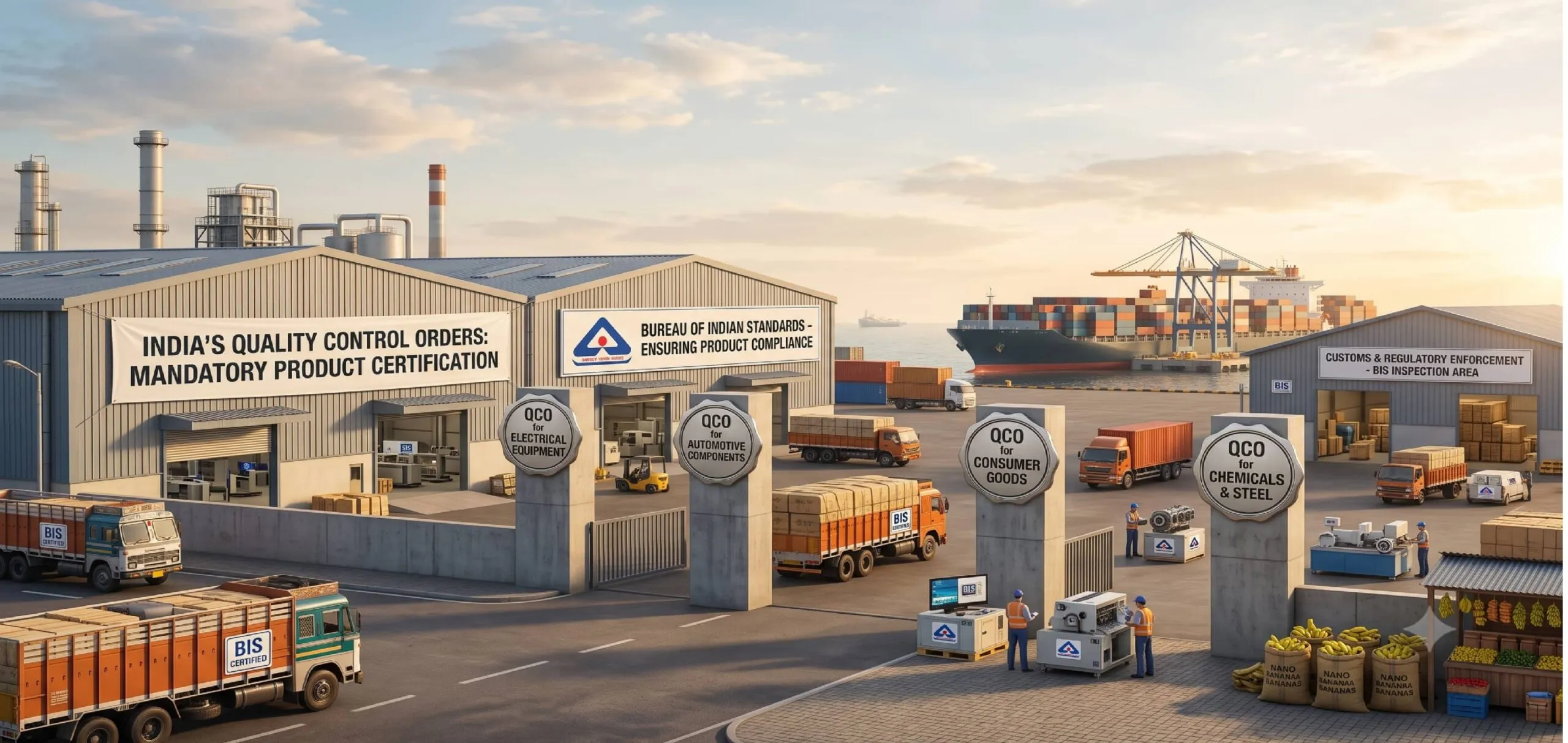 Cargo trucks and workers at a port facility with buildings labeled for product certification and compliance standards.