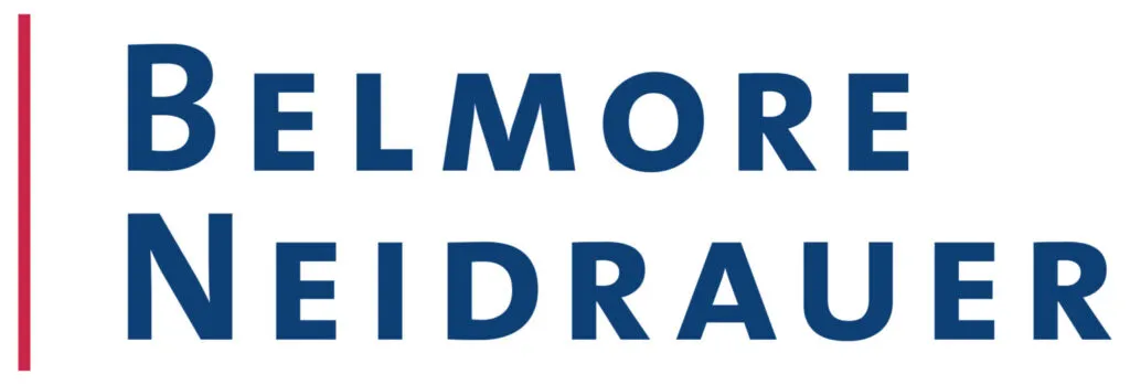Legal firm logo featuring the name "Belmore Neidrauer" in bold blue lettering with a red vertical line.