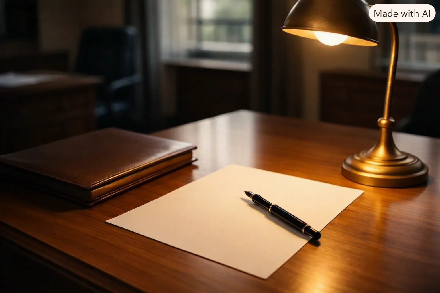 Desk with a legal pad and pen illuminated by a desk lamp in a law office setting.