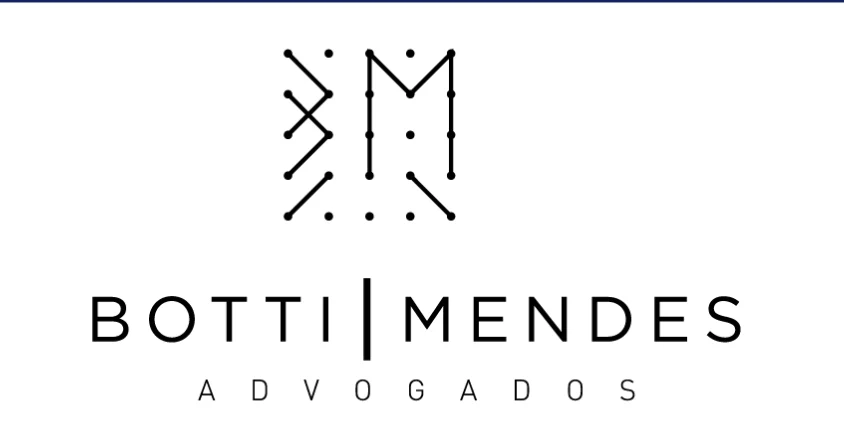 Botti Mendes Advogados logo featuring abstract design and firm name in bold letters.