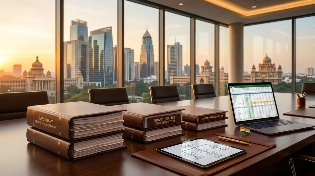 Legal documents and a laptop displaying data on a conference table with city skyline view at sunset.