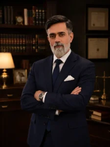 Lawyer posing confidently with arms crossed in a law office, with legal books and scales of justice in the background.